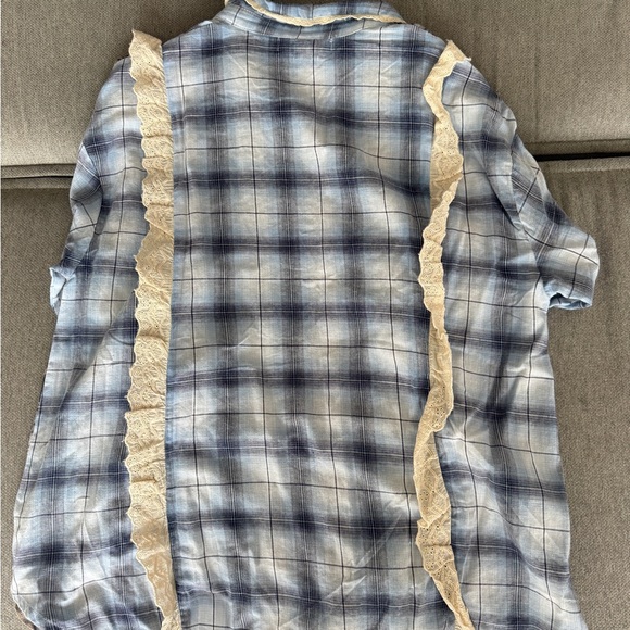 Urban Outfitters Blue Plaid Mixed-Panel Button-Down with Lace Trim - Picture 2 of 2